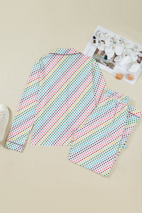 Heart Print Button Down Long Sleeve Pajama Set