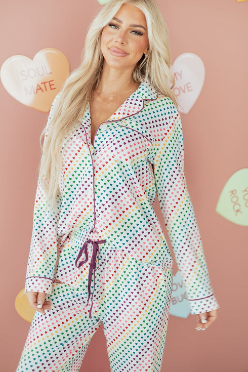 Heart Print Button Down Long Sleeve Pajama Set