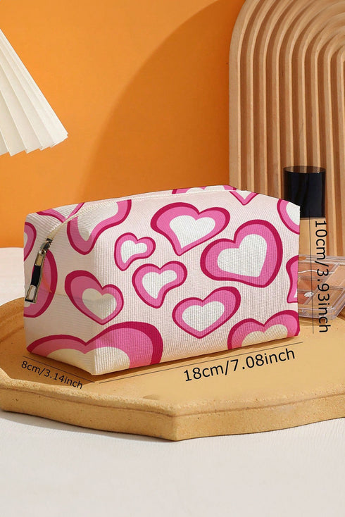 Heart Print Canvas Rectangular Zippered Cosmetic Bag