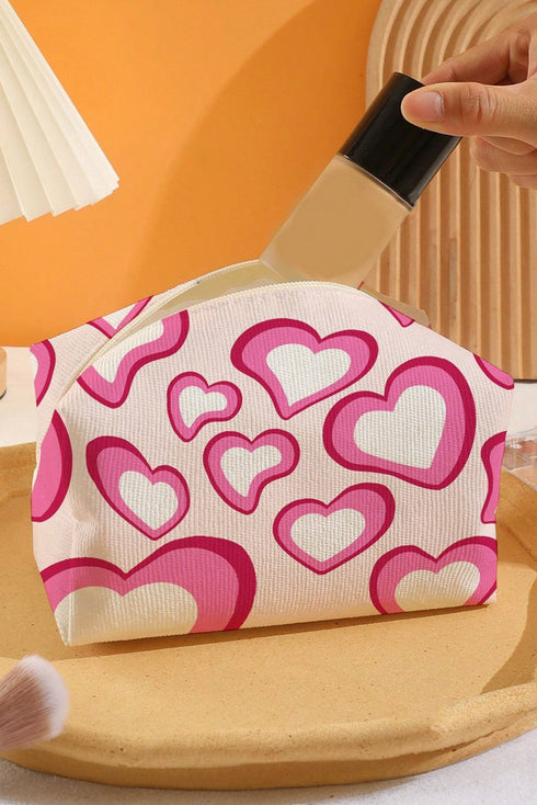 Heart Print Canvas Rectangular Zippered Cosmetic Bag