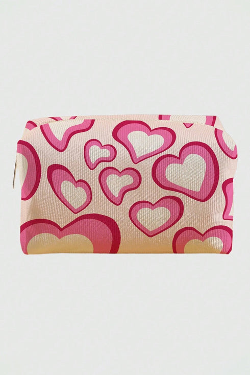 Heart Print Canvas Rectangular Zippered Cosmetic Bag