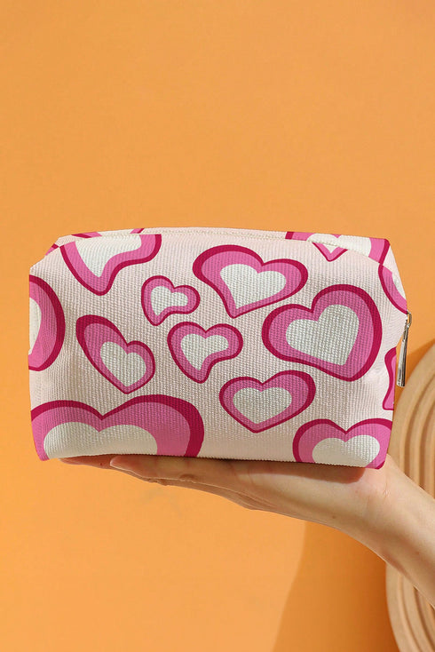 Heart Print Canvas Rectangular Zippered Cosmetic Bag