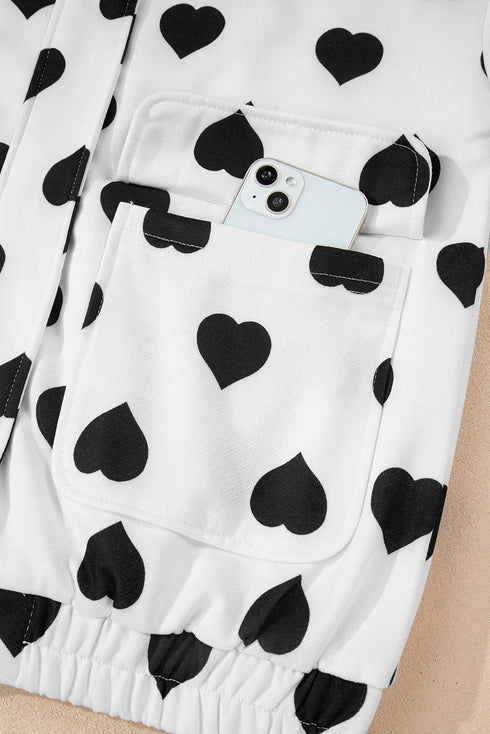 Heart Print Collared Double Flap Pocket Zip Jacket