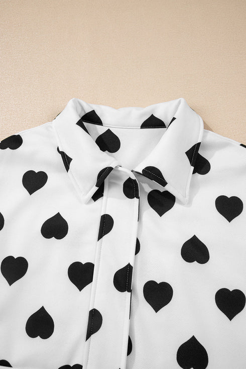 Heart Print Collared Double Flap Pocket Zip Jacket