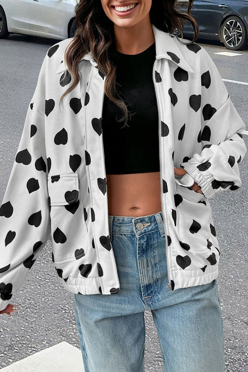 Heart Print Collared Double Flap Pocket Zip Jacket