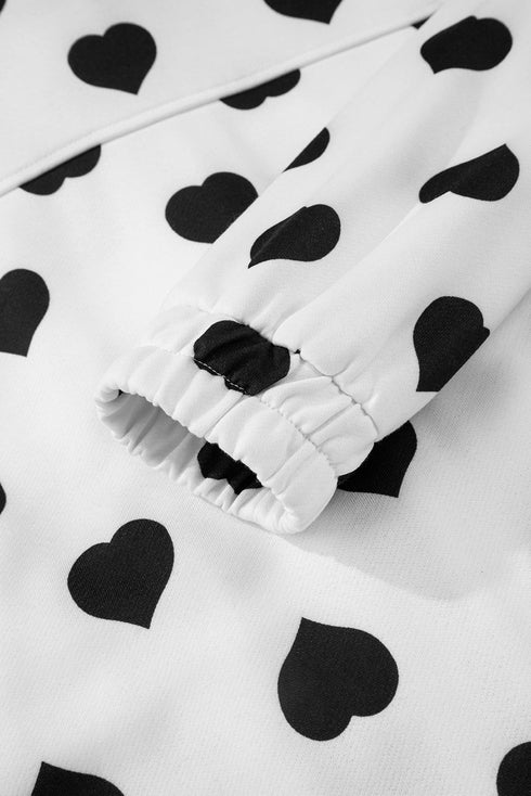 Heart Print Collared Double Flap Pocket Zip Jacket