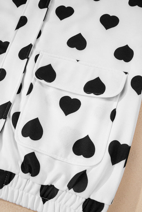 Heart Print Collared Double Flap Pocket Zip Jacket