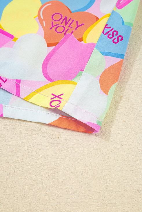 Heart Print Collared Tunic And Shorts Pajama Set