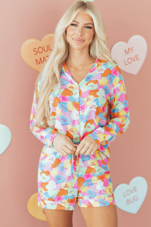 Heart Print Collared Tunic And Shorts Pajama Set