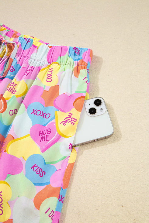 Heart Print Collared Tunic And Shorts Pajama Set