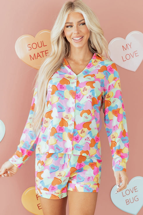 Heart Print Collared Tunic And Shorts Pajama Set