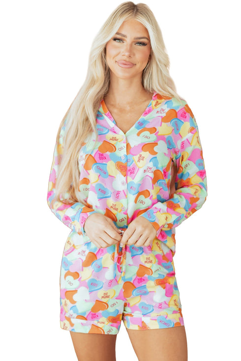 Heart Print Collared Tunic And Shorts Pajama Set