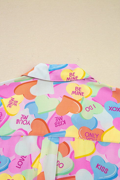 Heart Print Collared Tunic And Shorts Pajama Set