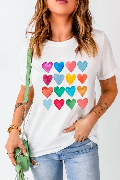 Heart Print Crew Neck Short Sleeve Graphic Tee