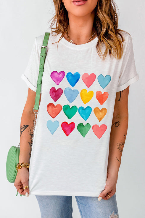 Heart Print Crew Neck Short Sleeve Graphic Tee