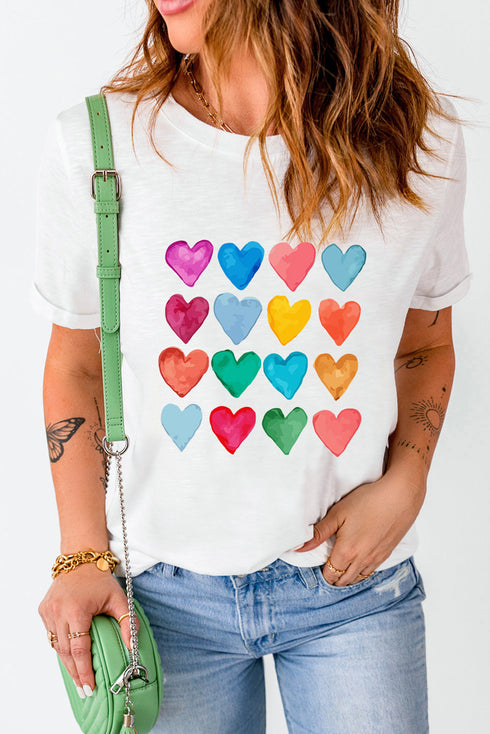 Heart Print Crew Neck Short Sleeve Graphic Tee