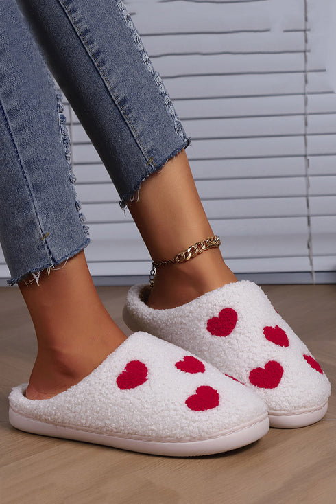 Heart Print Fuzzy Fleece Closed Toe Plush Slippers