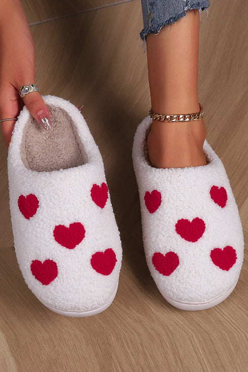 Heart Print Fuzzy Fleece Closed Toe Plush Slippers
