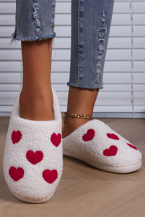 Heart Print Fuzzy Fleece Closed Toe Plush Slippers