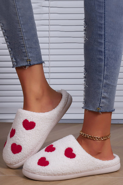 Heart Print Fuzzy Fleece Closed Toe Plush Slippers