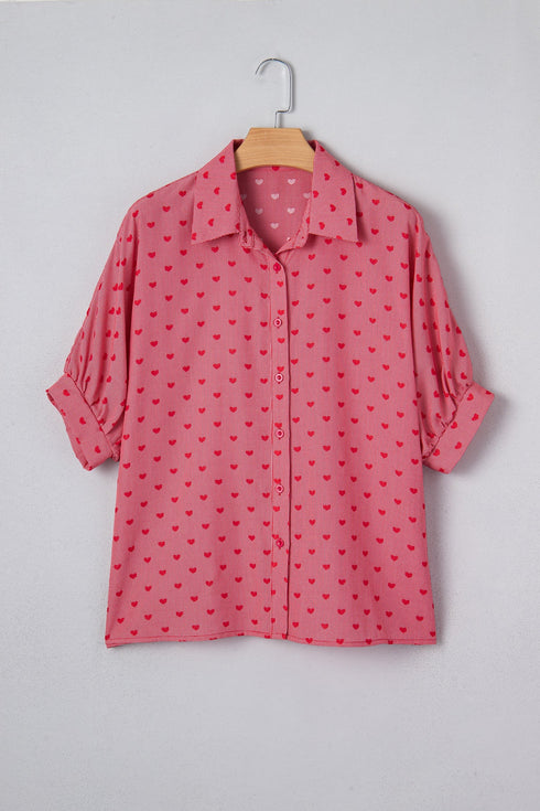 Heart Print Gingham Short Sleeve Button Down Shirt