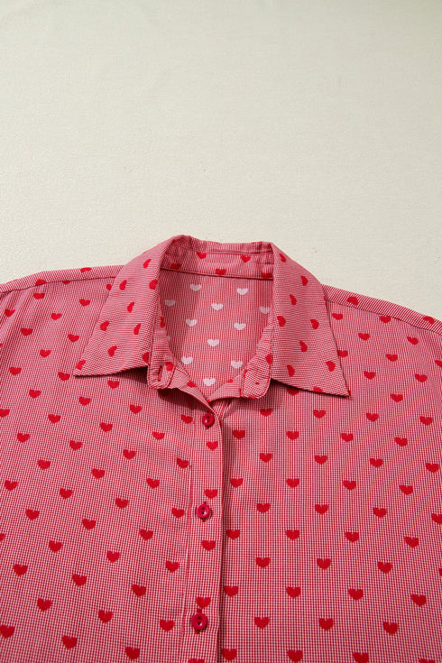 Heart Print Gingham Short Sleeve Button Down Shirt