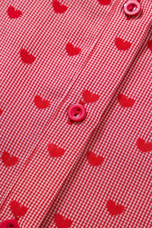 Heart Print Gingham Short Sleeve Button Down Shirt