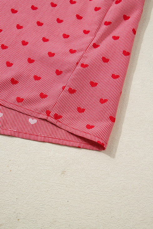 Heart Print Gingham Short Sleeve Button Down Shirt