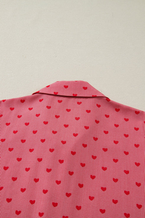 Heart Print Gingham Short Sleeve Button Down Shirt