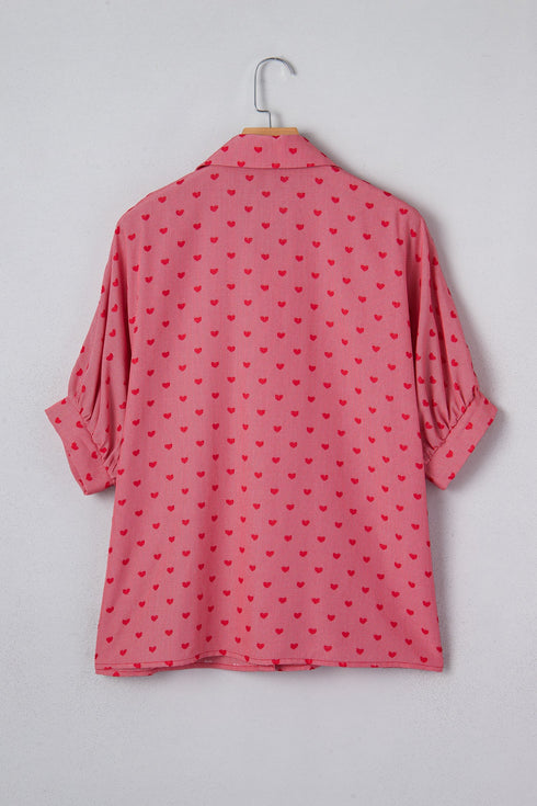 Heart Print Gingham Short Sleeve Button Down Shirt
