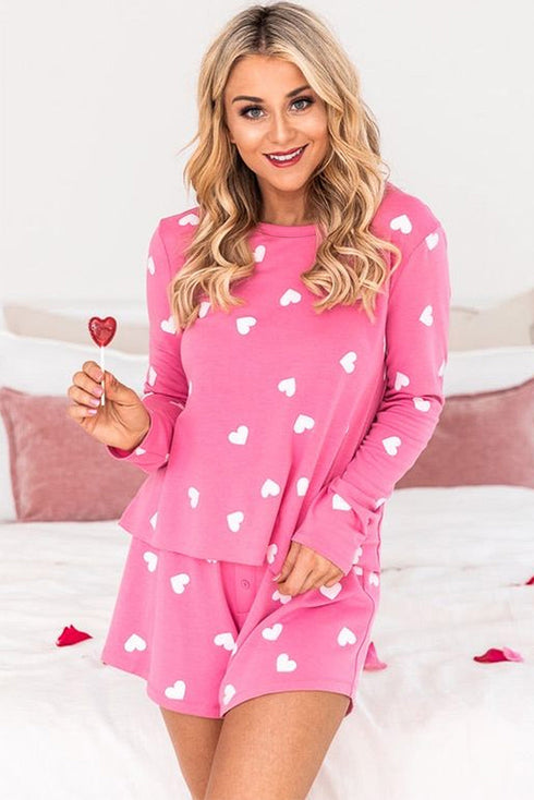 Heart Print Long Sleeve Crew Neck Lounge Set