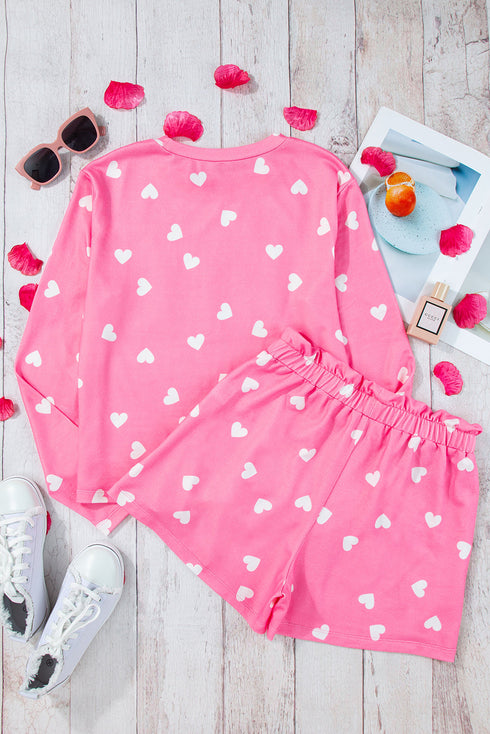 Heart Print Long Sleeve Crew Neck Lounge Set