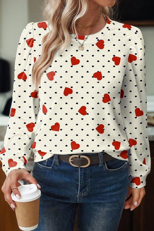 Heart Print Long Sleeve V Neck Woven Blouse