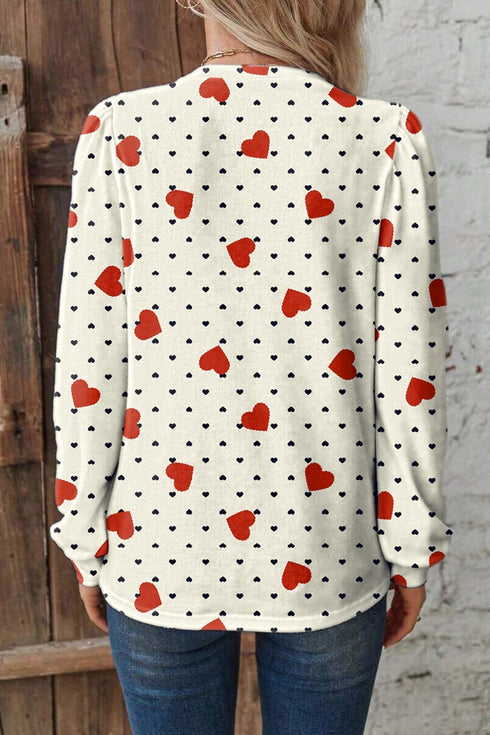 Heart Print Long Sleeve V Neck Woven Blouse