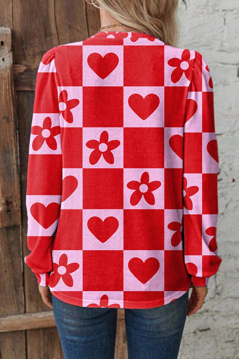Heart Print Long Sleeve V Neck Woven Blouse