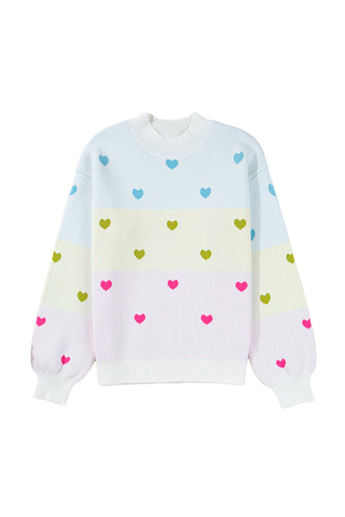 Heart Print Mock Neck Balloon Sleeve Knit Sweater