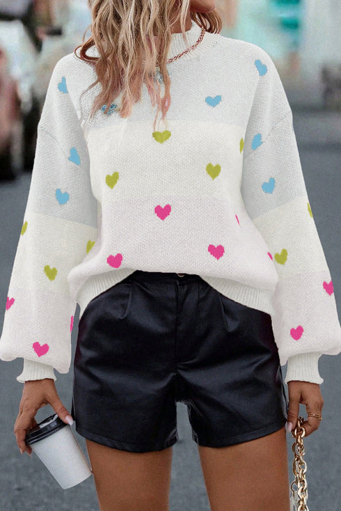 Heart Print Mock Neck Balloon Sleeve Knit Sweater