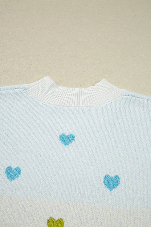 Heart Print Mock Neck Balloon Sleeve Knit Sweater