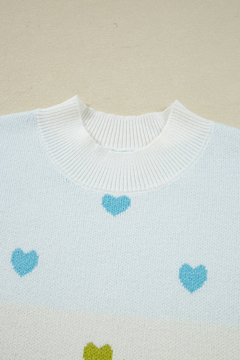 Heart Print Mock Neck Balloon Sleeve Knit Sweater