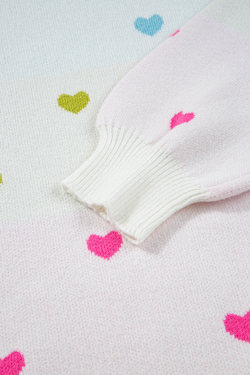 Heart Print Mock Neck Balloon Sleeve Knit Sweater