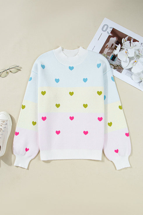 Heart Print Mock Neck Balloon Sleeve Knit Sweater