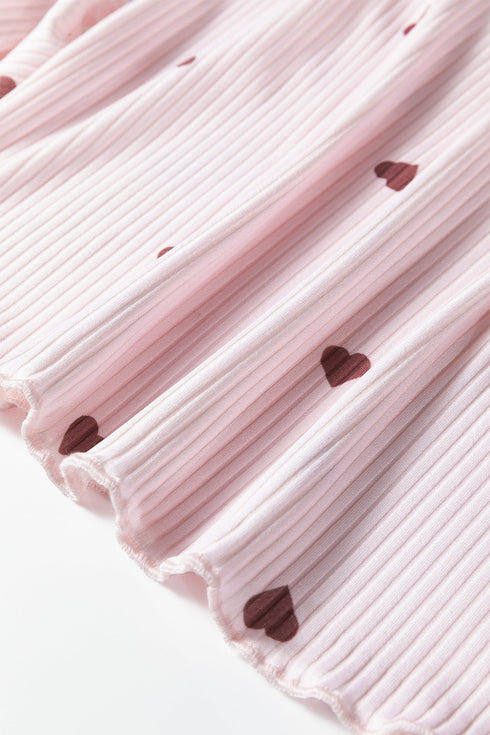 Heart Print Ribbed Knit Short Sleeve Two Piece Lounge Set