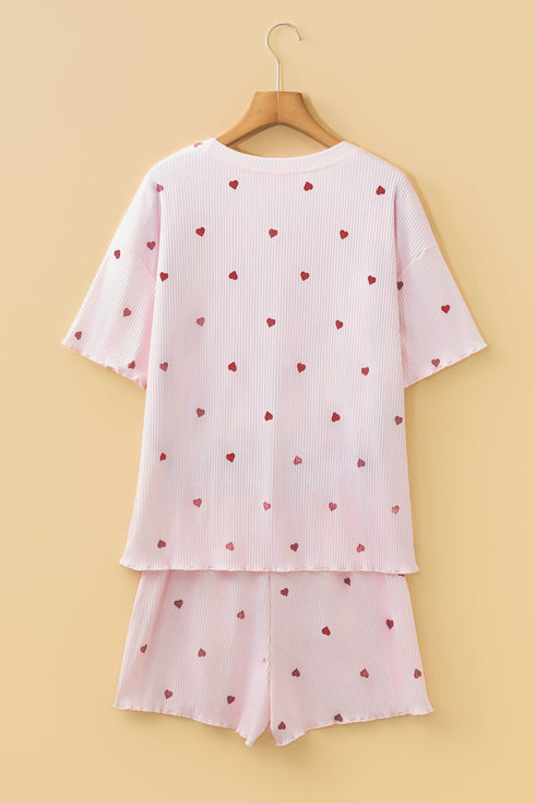 Heart Print Ribbed Knit Short Sleeve Two Piece Lounge Set