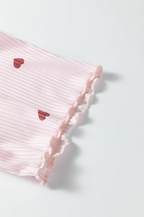 Heart Print Ribbed Knit Short Sleeve Two Piece Lounge Set