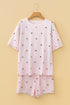Heart Print Ribbed Knit Short Sleeve Two Piece Lounge Set