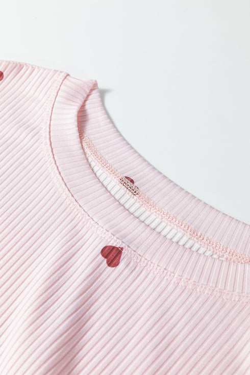 Heart Print Ribbed Knit Short Sleeve Two Piece Lounge Set