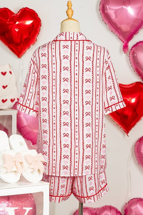 Heart Print Ribbon Bow Ruffled Viscose Pajama Set