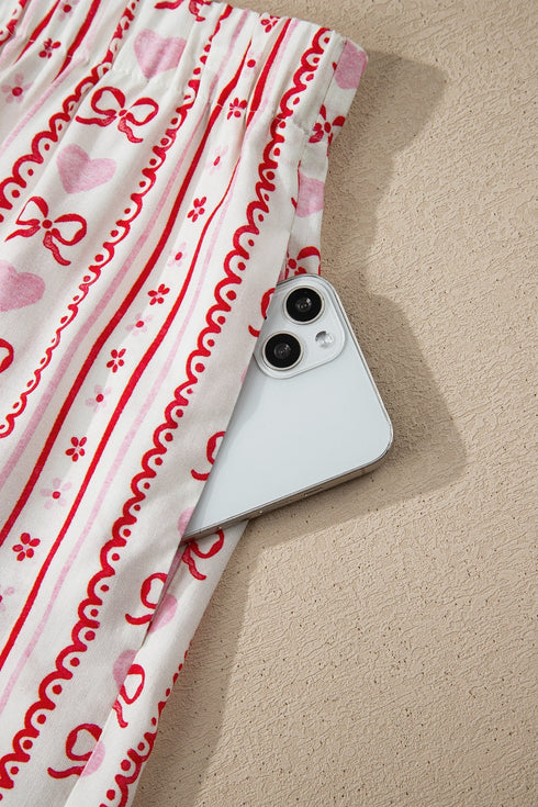 Heart Print Ribbon Bow Ruffled Viscose Pajama Set