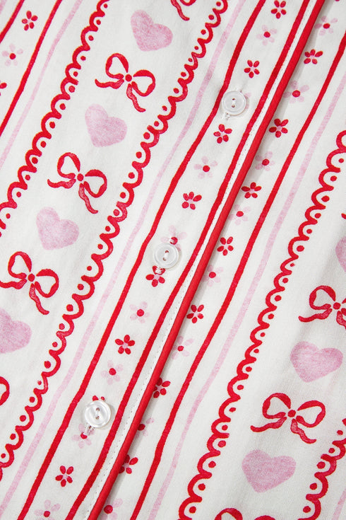 Heart Print Ribbon Bow Ruffled Viscose Pajama Set