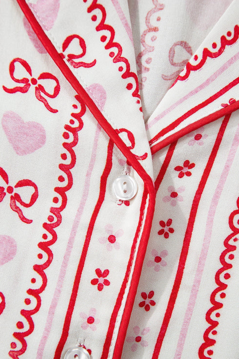 Heart Print Ribbon Bow Ruffled Viscose Pajama Set